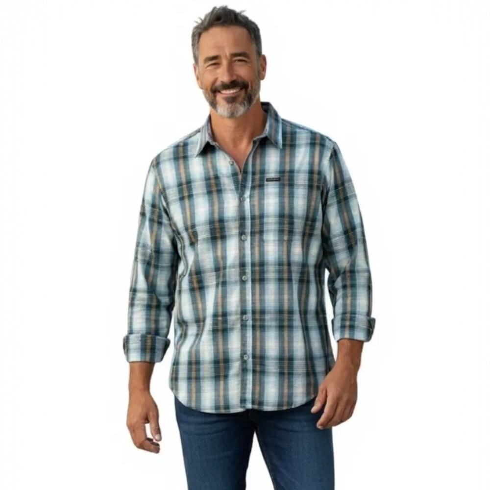 Columbia Titanium Men's Casual Plaid Shirt - Blue and Tan Size XL